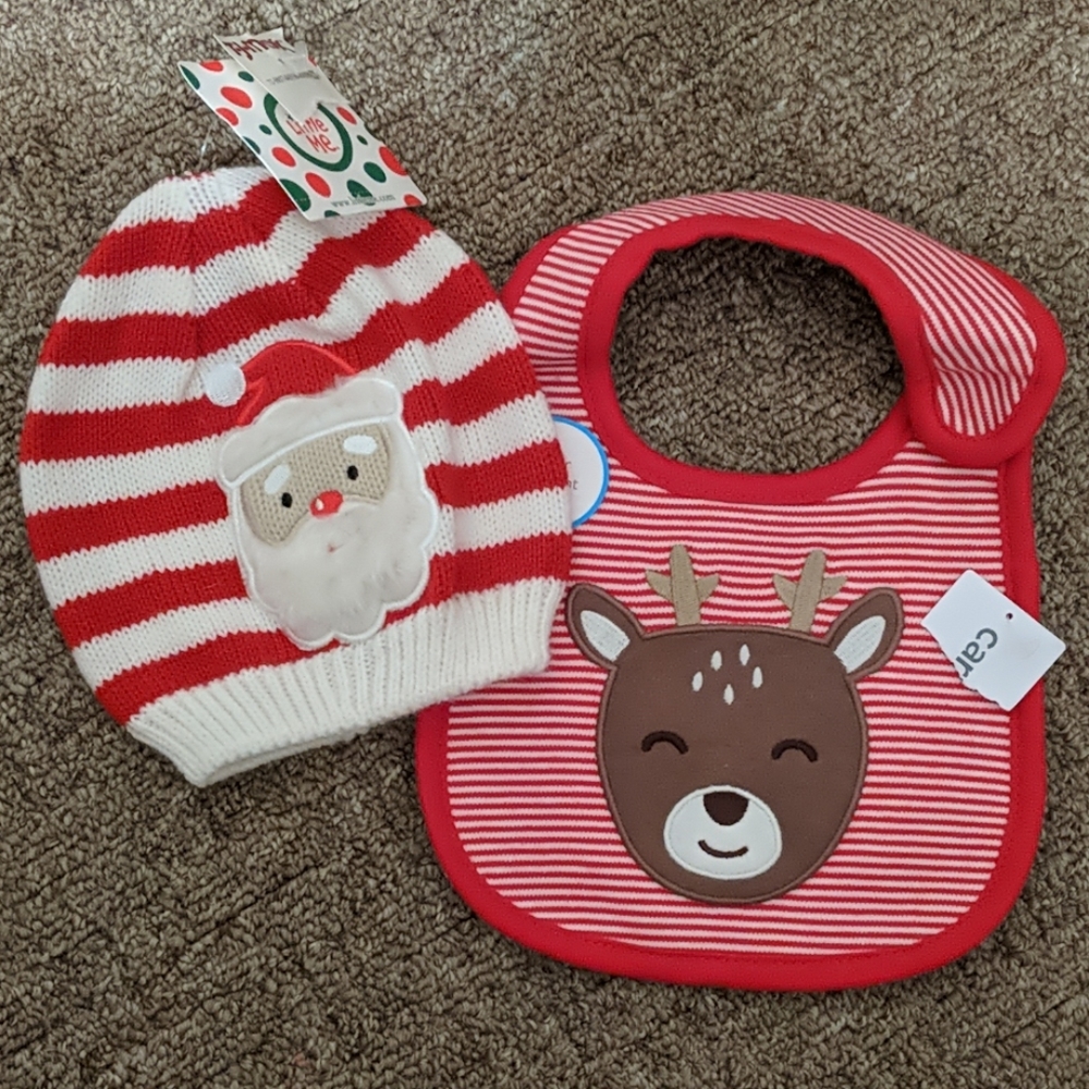 Baby Santa hat and reindeer bib brand new